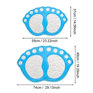 Size comparison of two foot-shaped blue bath mats with pebble texture dimensions
