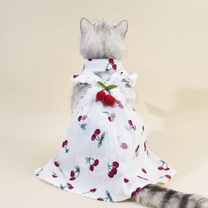 White pet cherry dress with 3D cherry pom-poms for small dogs and cats summer wear