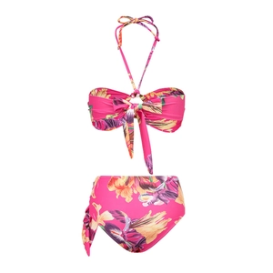 Detailed view of high-waist bikini bottoms and bow-tie top with tropical floral print