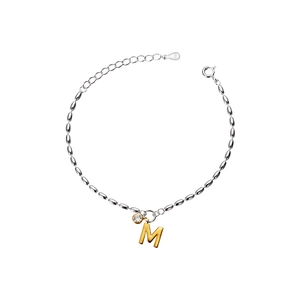 S925 sterling silver bead bracelet with gold letter M charm and round zircon pendant