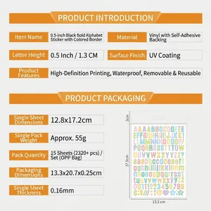 0.5-inch vinyl alphabet stickers showing product size specifications and waterproof feature