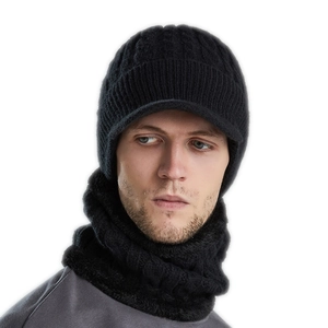 Ensemble bonnet tricoté à visière et tour de cou pour homme avec doublure polaire noire