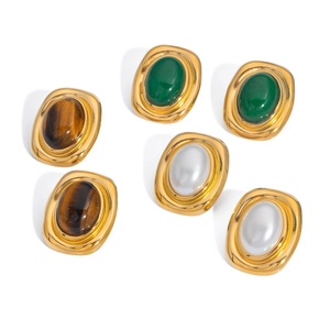 Set of three retro French style stainless steel stud earrings with natural stone inlays