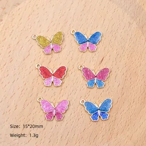 Set of 6 colorful glitter butterfly alloy pendants with 15x20mm dimensions and 1.3g weight