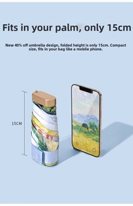Mini 15cm folding umbrella with Van Gogh art print and smartphone size comparison