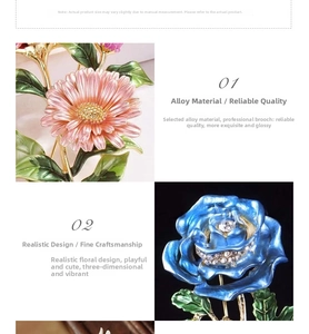 Detail of pink daisy and blue rose alloy brooches with intricate enamel and sparkling rhinestones