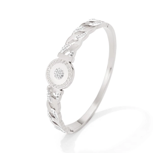 Elegant silver stainless steel bracelet with sparkling zircons and Greek key pattern decoration