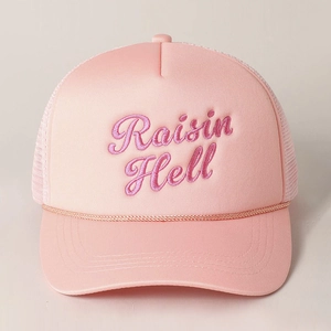 Pink Raisin Hell embroidered mesh trucker hat with braided rope and adjustable snapback
