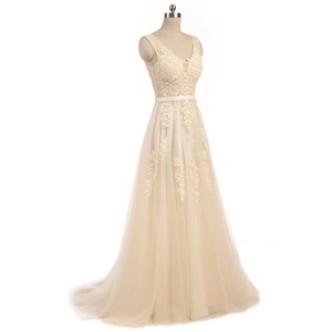 Champagne V-neck sleeveless evening gown with lace embroidery and layered tulle skirt