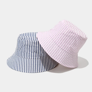 Striped wide-brim sun hat with polka dot embroidery in blue and pink for women