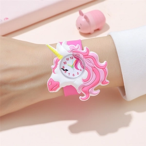 Pink unicorn silicone slap watch for kids worn on wrist with clear dial numbers