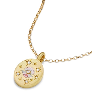 Elegant gold oval pendant necklace with enamel bird motif and sparkling star accents