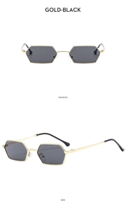 Front and side views of hexagonal gold-black metal frame sunglasses with dark lenses