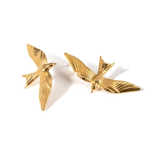 Minimalist 18k gold stainless steel bird stud earrings with textured wing details