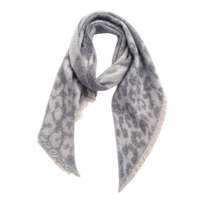 Detailed close-up of grey leopard print scarf with soft texture and beige tassel fringe