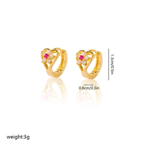 Detail of heart hoop earrings with gold plating, red floral gems, and measurements