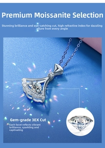 Macro detail of S925 silver fan-shaped moissanite necklace with 3EX cut sparkling gemstone