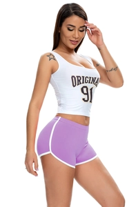 Detail of white cropped tank top and purple elastic sports shorts on fitness model