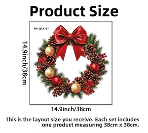 Detailed view of Christmas wall sticker measuring 38cm with red bow and pine cones