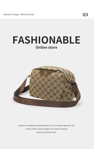 Detailed view of the vintage brown letter patterned nylon shoulder bag with gold zipper