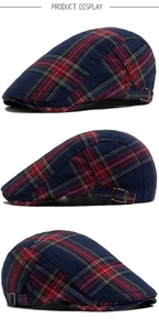 Three-angle view of navy plaid newsboy cap with adjustable bronze metal buckles