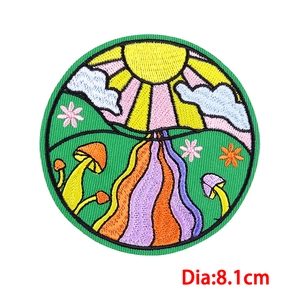 Embroidered 8.1cm round iron-on patch with retro landscape and colorful floral design