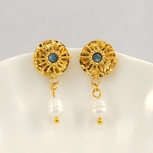 Vintage Sunburst Disc Drop Earrings Stainless Steel Blue Zircon Inlaid With White Artificial Pearl French Style For Women
