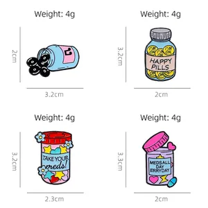 Set of four colorful enamel medicine bottle pins with creative slogans and happy star candy