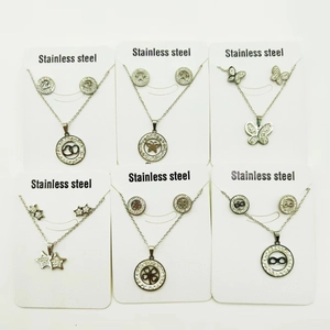 Titanium steel jewelry sets with crystal butterfly and heart pendants in silver finish