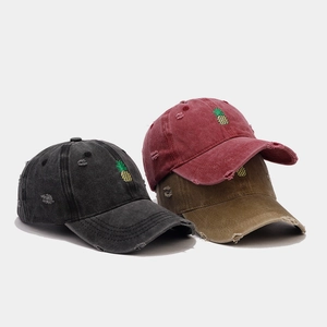 Washed Cotton Baseball Cap Vintage Distressed Ripped Holes Pineapple Embroidery Adjustable Retro Snapback Hat For Unisex