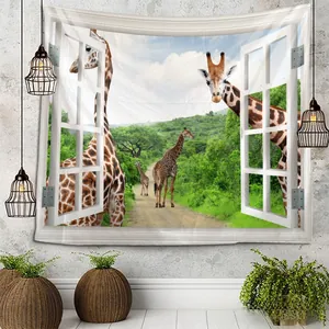 Detail of 3D window view tapestry showing giraffes in African savanna for home decor