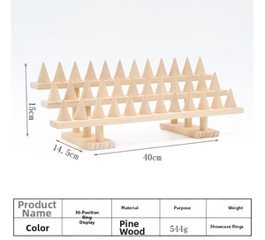 Espositore per anelli in legno di pino a 3 livelli con 36 slot, 40x14,5x15cm