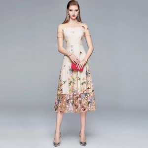 Elegant beige embroidered mesh midi dress with high waist and colorful floral patterns