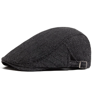 Classic Herringbone Flat Cap Men Vintage British Style Adjustable Metal Buckle Ivy Newsboy Hat Retro Winter Warm