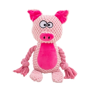 Pink plush pig dog toy with squeaker and cotton rope limbs for interactive chew play