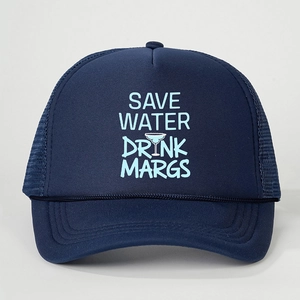 Navy blue trucker hat featuring Save Water Drink Margs print with mesh back design