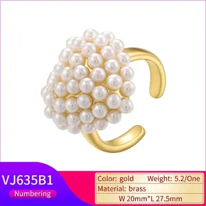 Elegant french brass open ring with clustered white pearls and a vintage gold finish