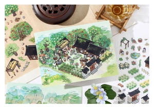 Set d'autocollants de paysage chinois avec pavillon et fleurs pour scrapbooking créatif