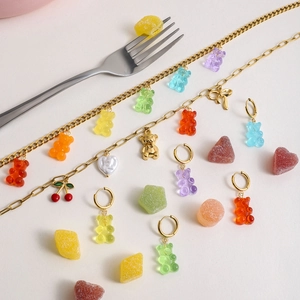 Gold stainless steel colorful gummy bear pendant necklaces and earrings jewelry set