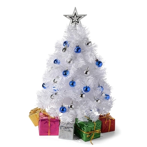 Mini white Christmas tree set with blue silver ornaments and colorful gift boxes