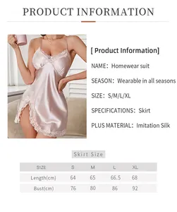 Detailed size chart for pink ice silk nightgown with lace trim and measurement specs