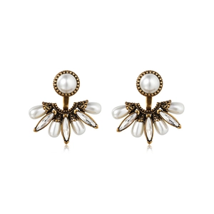 Boucles d'oreilles rétro en perles et cristaux, forme éventail et or antique pour femme