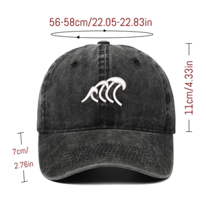 Detailed size specifications for washed cotton baseball cap with wave embroidery