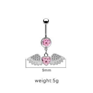 Detail of silver heart navel ring with pink wings, weighing 5g and measuring 9mm wide