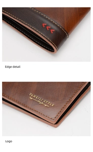 Detail of vintage brown leather wallet showing decorative red stitching and embossed logo