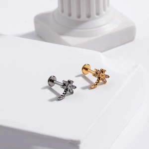 G23 titanium push-pin labret studs with dragonfly and scorpion designs in gold and silver