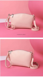 Detailed views of a pink lychee leather dumpling bag with silver zippers and thin strap