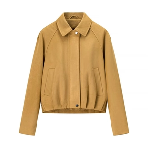 Women's slim fit camel suede bomber jacket with classic collar and elastic hem details