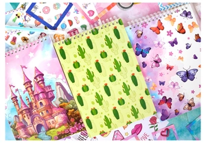 Detailed view of three spiral notebooks featuring castle, cactus and butterfly cover designs