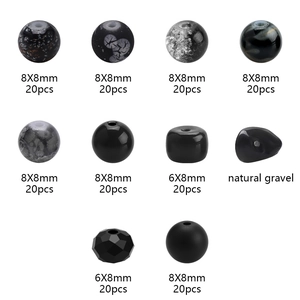 Detailed grid of 10 types of black glass and stone beads for DIY jewelry making